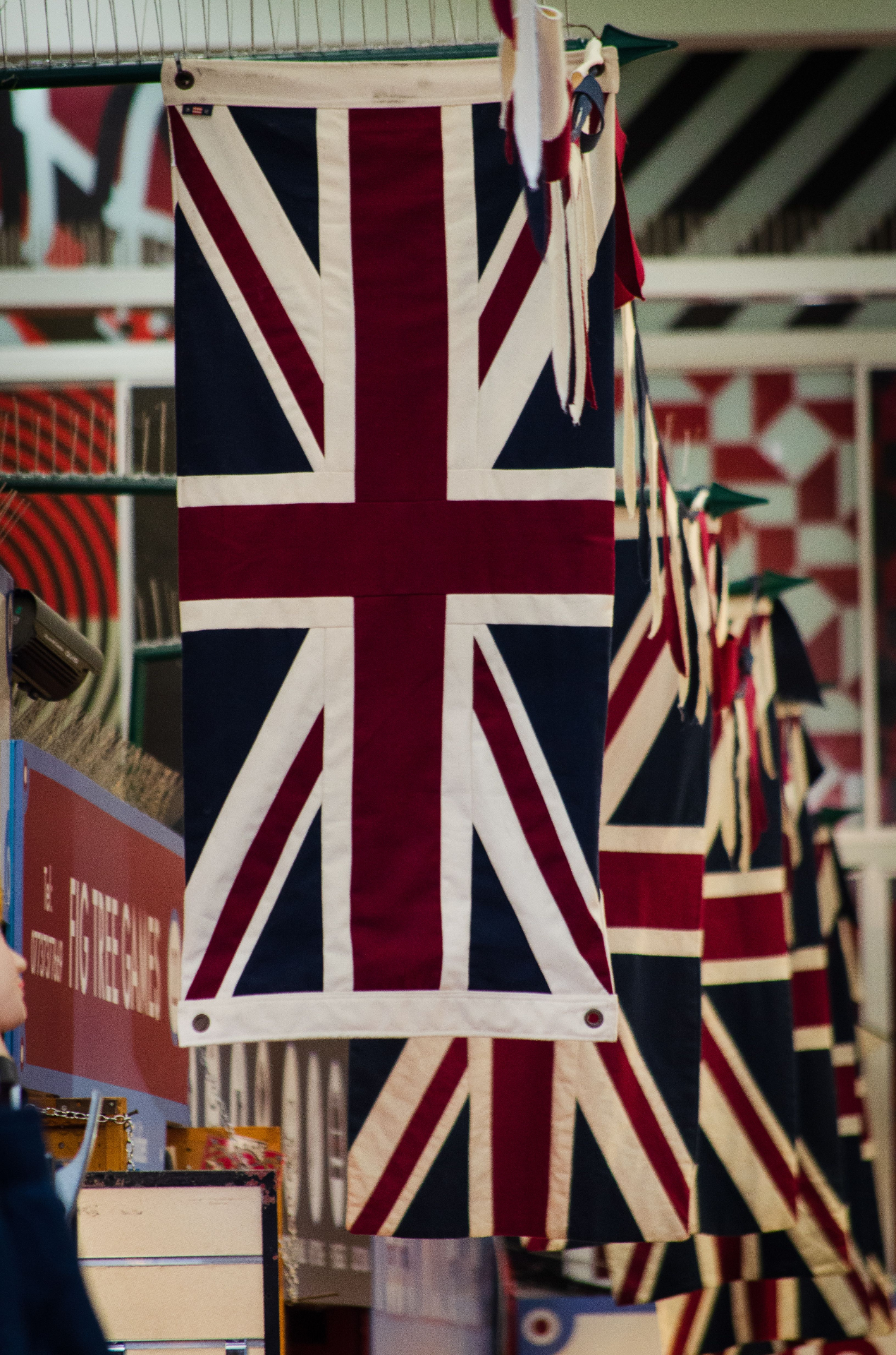Union Jack flags at a British market